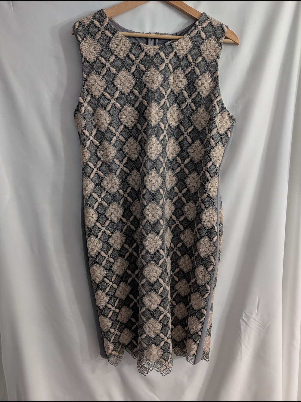 Calvin Klein Beige and Gray Lace Midi Sheath Dress